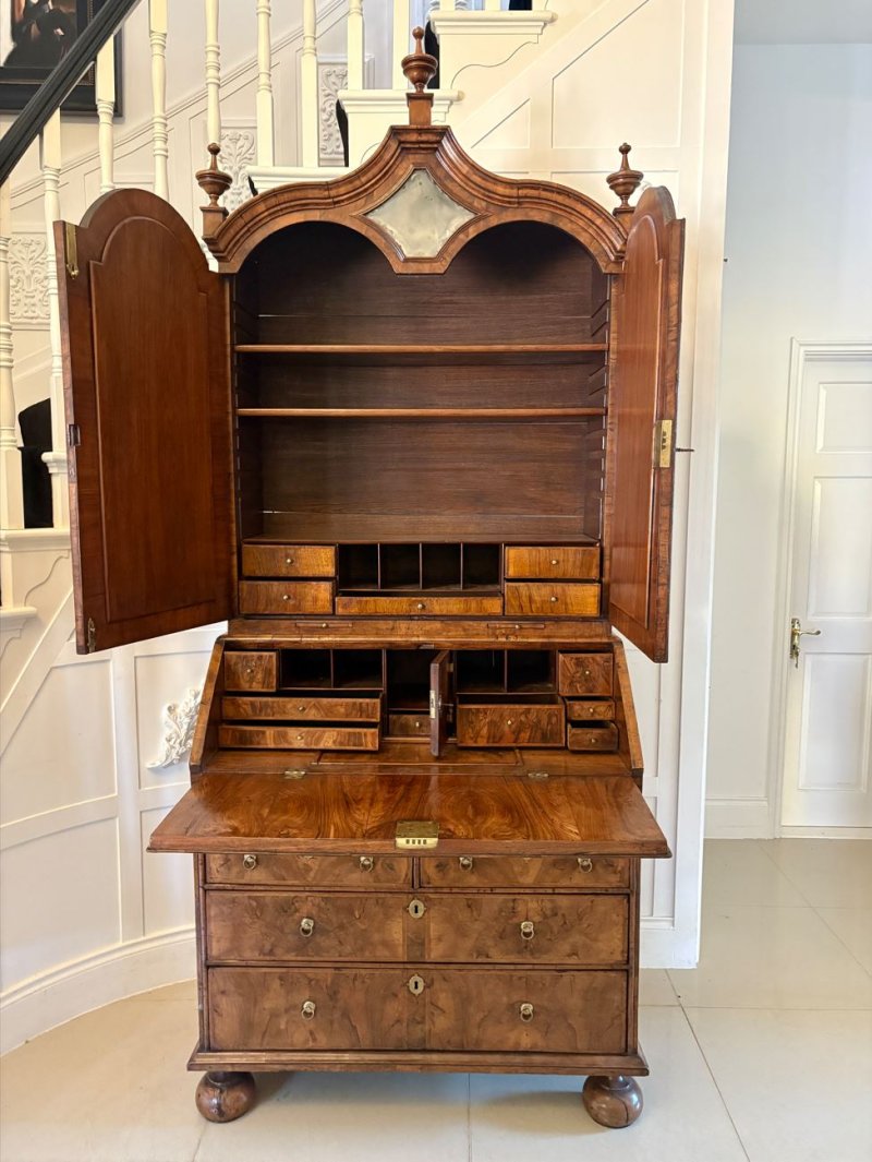 Antique Queen Anne Fantastic Quality Burr Walnut and Featherbanded Bureau Bookcase